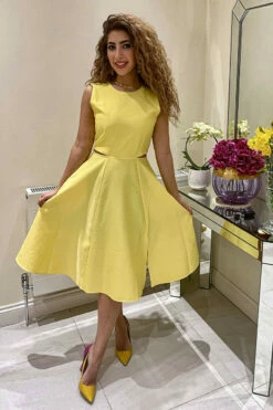 Closet London Yellow Lemon Cut Out Waist Midi A-line Dress