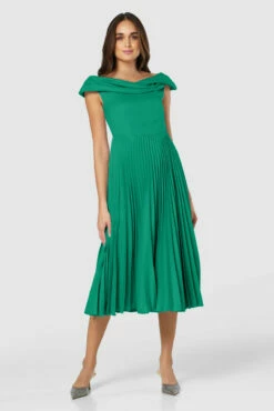 Closet London Green Draped Neck Pleated Midi Dress