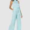 Closet London Blue Jacquard Floral Tie Neck Jumpsuit