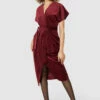 Closet LondonBurgundy Velvet Kimono Sleeves Wrap Pencil Midi Dress -Closet London Popular Shop 25280.1675257267