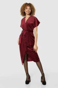 Closet LondonBurgundy Velvet Kimono Sleeves Wrap Pencil Midi Dress