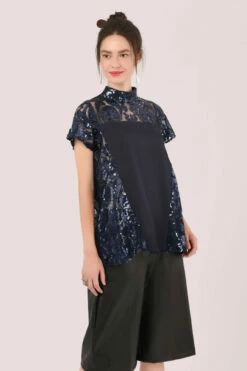 Closet London Navy Sequin Short Sleeve Blouse