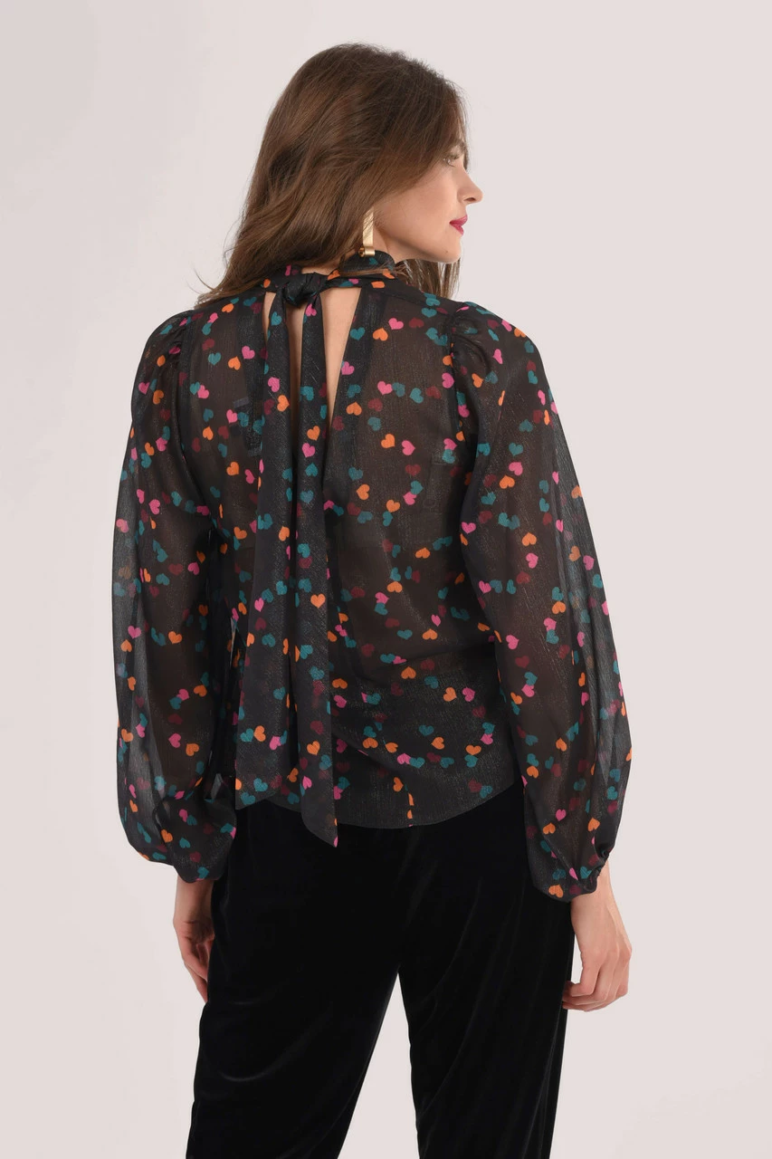 Closet London Black Heart Print Puff Sleeve Tie Neck Blouse 5 Closet London Black Heart Print Puff Sleeve Tie Neck Blouse - Image 3
