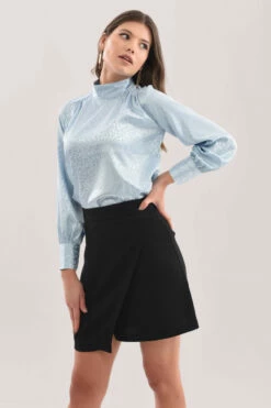 Closet London Blue Gathered High Neck Jacquard Print Blouse -Closet London Popular Shop B6701 DSC 0842 14421.1623840334