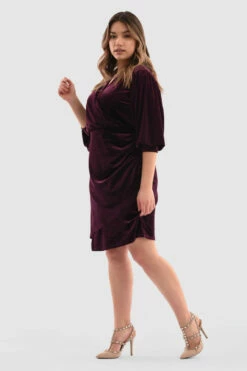 Closet London Curves Plum Velvet Puff Sleeve Wrap Dress -Closet London Popular Shop Cjd7719 Plum DSC 4649 22921.1651053100