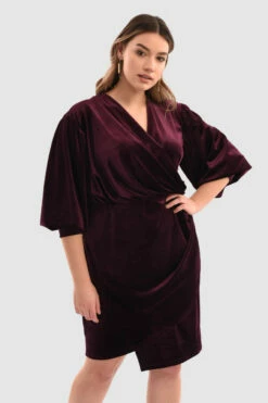 Closet London Curves Plum Velvet Puff Sleeve Wrap Dress -Closet London Popular Shop Cjd7719 Plum DSC 4659 79060.1651053098