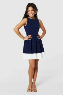 Closet London Navy And Cream Hem Pleated Dress -Closet London Popular Shop D2747 NAVYCREAM 1696 68089.1678800632 1