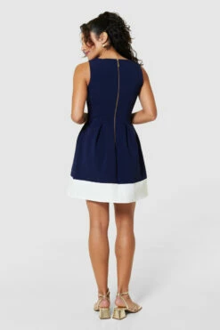 Closet London Navy And Cream Hem Pleated Dress -Closet London Popular Shop D2747 NAVYCREAM 1713 59225.1678800656