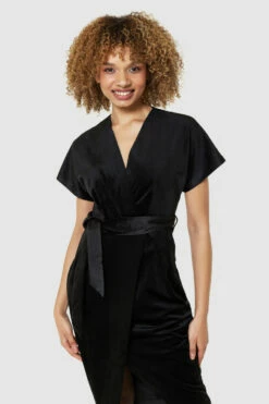 Closet London Black Kimono Wrap Over Velvet Dress -Closet London Popular Shop D3583 BLACK D7591 BLACK 71975 95022.1675338600