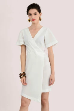 Closet London Ivory Short Sleeve Asymmetrical Wrap Dress