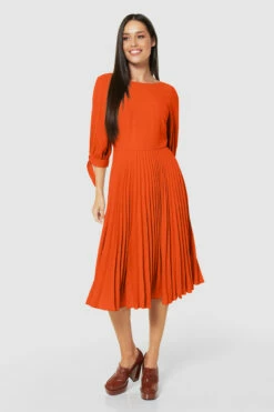 Closet London Orange Pleated Tie Sleeve Dress