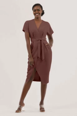 Closet London Brown Brick Kimono SleevesWrap Midi Dress