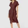 Closet London Brown Kimono Sleeves Wrap MidiDress