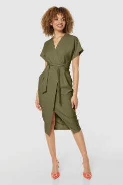 Closet London Olive Green Kimono Sleeves Wrap Midi Dress -Closet London Popular Shop D5142 STONE 71202 copy 41 25970.1675697972