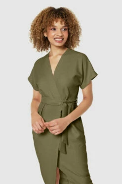 Closet London Olive Green Kimono Sleeves Wrap Midi Dress -Closet London Popular Shop D5142 STONE 71214 copy 41 60699.1675697979