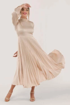 Closet London Beige Long Sleeve Pleated Midi Dress -Closet London Popular Shop D5579 DSC 2693 05096.1663154874