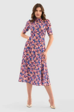 Closet London Blue Floral High Neck Midi Dress