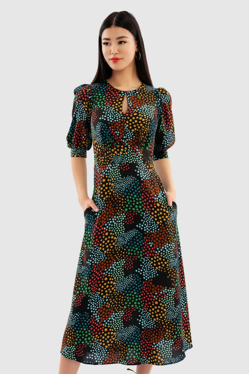 Closet London Black Print Short Puff Sleeve Midi Dress 4 Closet London Black Print Short Puff Sleeve Midi Dress - Image 2