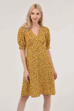 Closet London Yellow Puff Sleeve V-Neck Dress