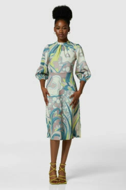 Closet London Blue Floral Print A-Line Puff Sleeve Midi Dress