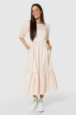 Closet London Beige Nude Gathered Puff Sleeve Midi Dress