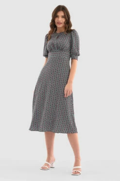 Closet London Purple Print Short Puff Sleeve Midi