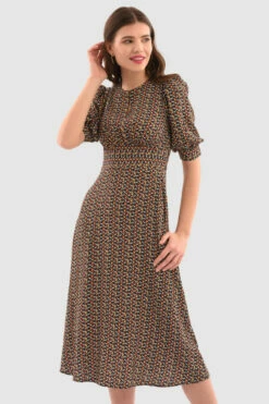 Closet London Rust Brown Print Short Puff Sleeve Midi -Closet London Popular Shop D6752 Rust DSC 5628 48700.1649760141