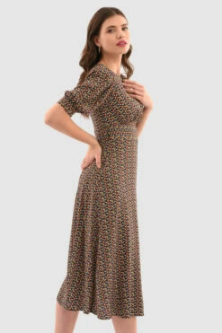 Closet London Rust Brown Print Short Puff Sleeve Midi -Closet London Popular Shop D6752 Rust DSC 5631 79195.1649760140