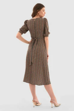 Closet London Rust Brown Print Short Puff Sleeve Midi -Closet London Popular Shop D6752 Rust DSC 5634 14747.1649760148
