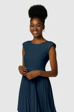 Closet London Navy Bardot Shoulder Pleated Dress -Closet London Popular Shop D7142 3668 10746.1635936213