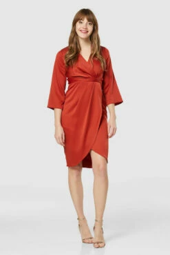 Closet London Rust Pleated Wrap Midi Dress