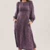 Closet London Purple Puff Sleeve Print Midi Dress