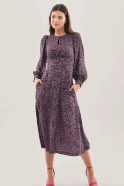 Closet London Purple Puff Sleeve Print Midi Dress