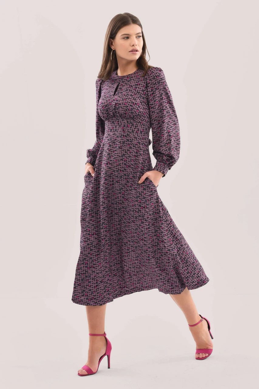 Closet London Purple Puff Sleeve Print Midi Dress 4 Closet London Purple Puff Sleeve Print Midi Dress - Image 2