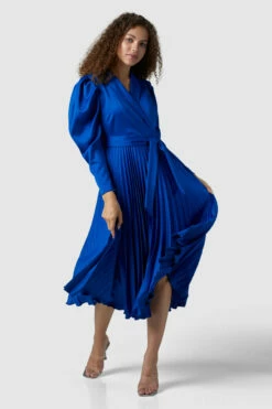 Closet London Blue Long Sleeve Pleated Wrap Midi Dress -Closet London Popular Shop D7460 BLUE 210629 Closet London 1235 59905.1672854066
