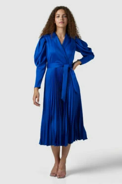 Closet London Blue Long Sleeve Pleated Wrap Midi Dress -Closet London Popular Shop D7460 BLUE 210629 Closet London 1250 50528.1626354705