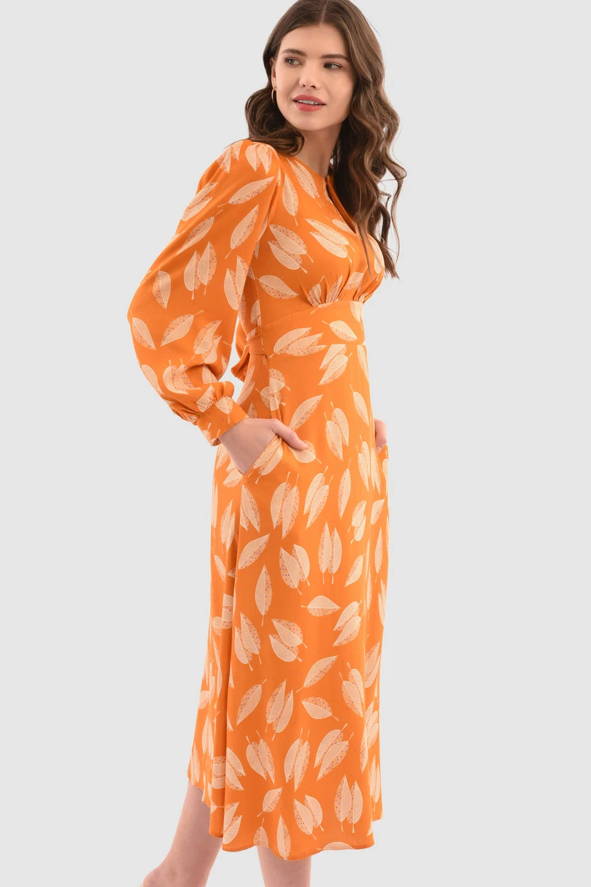 Closet London Orange Print Puff Sleeve Midi Dress 4 Closet London Orange Print Puff Sleeve Midi Dress - Image 2