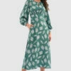 Closet London Teal Print Puff Sleeve Midi Dress