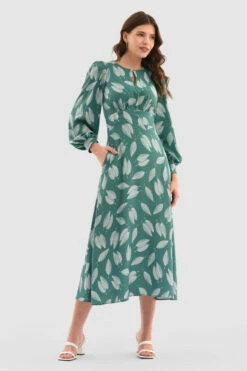 Closet London Teal Print Puff Sleeve Midi Dress