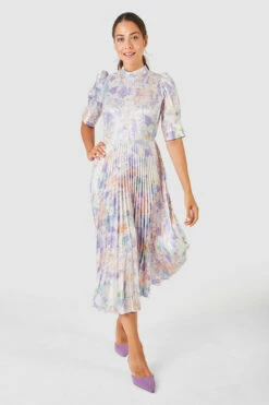 Closet London Ivory Floral Print Pleated Midi Dress