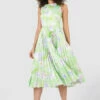Closet London Lime Green Floral Print V-Back Pleated Midi Dress