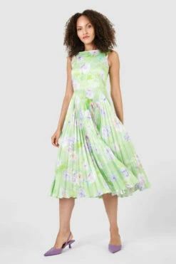 Closet London Lime Green Floral Print V-Back Pleated Midi Dress