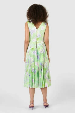 Closet London Lime Green Floral Print V-Back Pleated Midi Dress -Closet London Popular Shop D7630 22 08321.1633699498