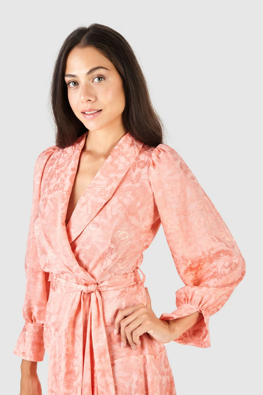 Closet London Peach Jacquard Floral Wrap Tie Waist Dress 5 Closet London Peach Jacquard Floral Wrap Tie Waist Dress - Image 3