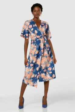 Closet London Royal Blue Floral Print Kimono A-Line Midi Dress