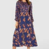 Closet London Blue Floral Print Gathered Neck Midi Dress