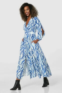 Closet London Blue Print Full Skirt Wrap Midi Dress -Closet London Popular Shop D7808 20211130 Closet 0882 92506.1646061979