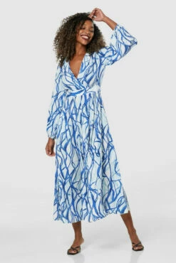 Closet London Blue Print Full Skirt Wrap Midi Dress -Closet London Popular Shop D7808 20211130 Closet 0897 29608.1646061994