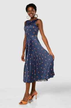 Closet London Navy Blue Polka Dot V-Back Pleated Midi Dress -Closet London Popular Shop D7830 20210907 Closet London120689 39345.1643892257