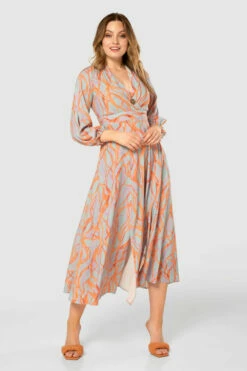 Closet London Orange Print Full Skirt Wrap Midi Dress -Closet London Popular Shop D7892 20210907 Closet London120887 75371.1665588934